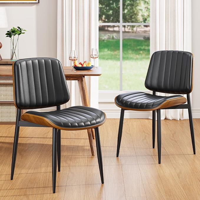 YaFiti Dining Chairs Set of 2, FSC Certified Mid Century Modern Dining Room Kitchen Chairs, Upholstered PU Leather Vertical Stripe Chairs for Vanity with Walnut Bentwood and Metal Legs, Black