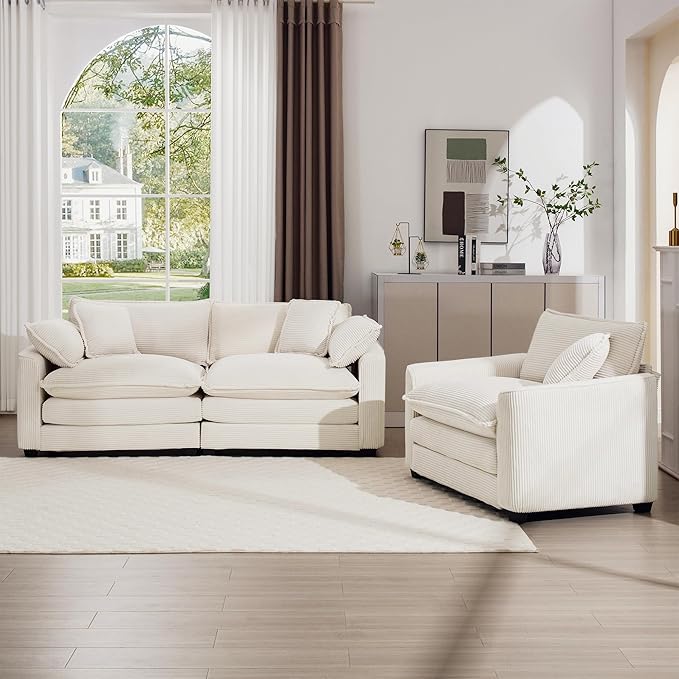 mikibama Luxury 2 Piece Sofa Set, Loveseat Couch & Sofa Armchair Set, Modern Corduroy Comfy Cloud Couches Set for Living Room Office with 2 Armrest Pillows and 3 Toss Pillows, Beige