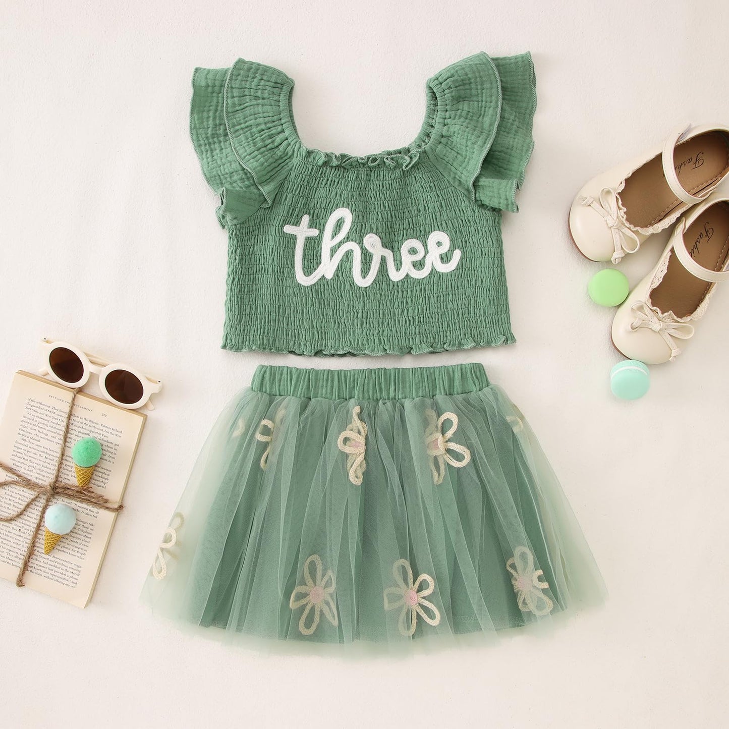 KEKEMI Toddler Girl Birthday Outfits 2nd 3rd 4th 5th 6th 7th Birthday Embroidery Shirt B-Day Tutu Skirt Set Cake Smash Outfit(Green,3T)