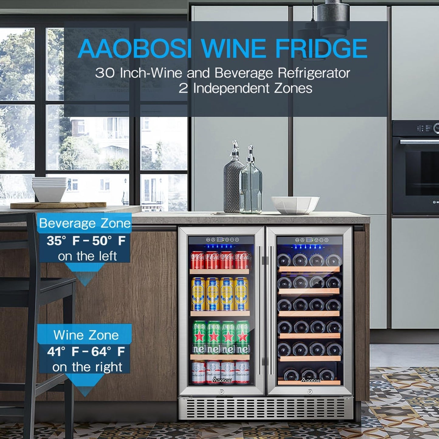 AAOBOSI 30 Inch Dual Zone Wine and Beverage Cooler,28 Bottles & 110 Cans Wine Fridge,Built-in and Freestanding,Removable Fashion Wooden Frame,Intelligent Digital Temperatrue Control,Low Noise