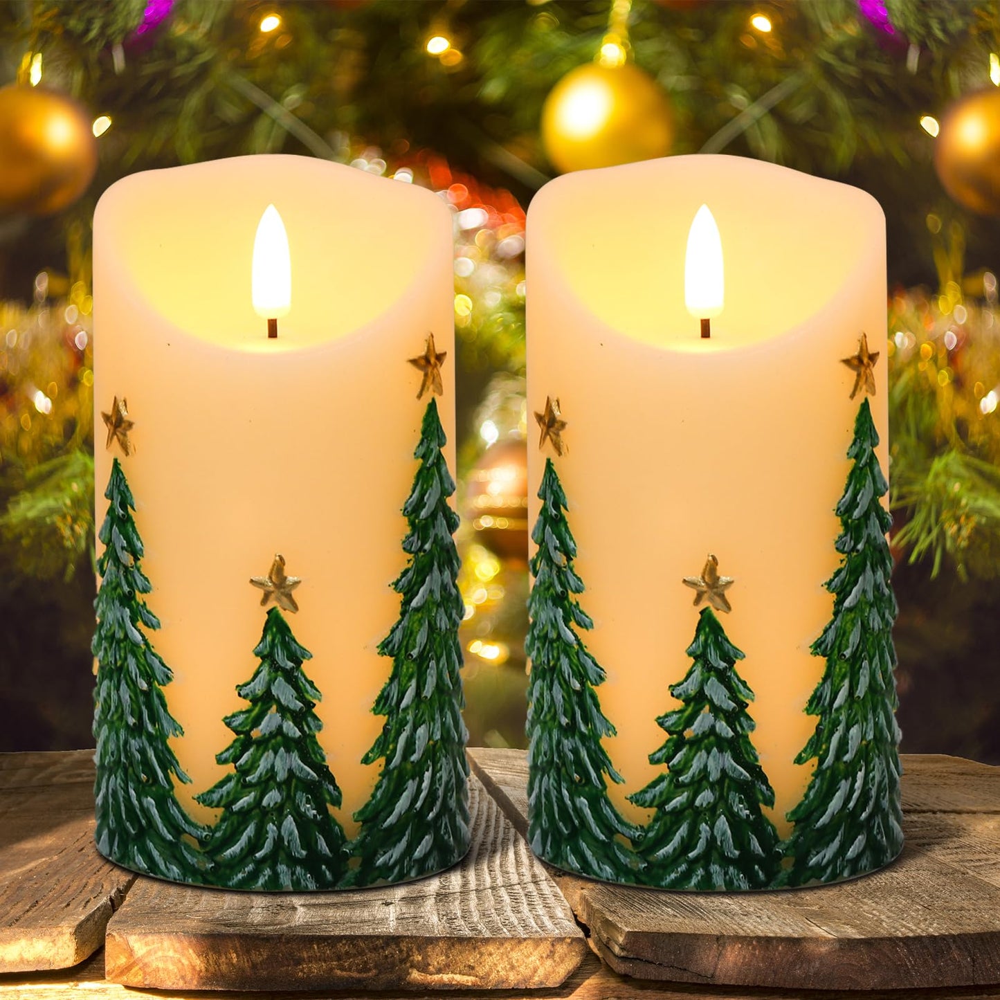 Wondise Christmas Flameless Candles with Timer, Battery Operated Flickering 3D Wick Real Wax Christmas Tree Candles for Christmas Holiday Indoor Decoration, Set of 2, Ivory(D3 x H5.7 Inch)