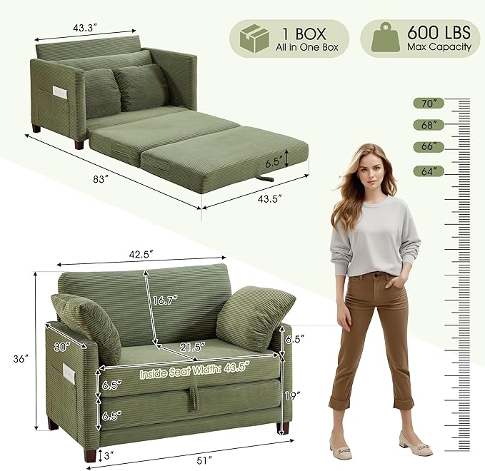 kakuboohi 51" Loveseat Sleeper Sofa Bed, Corduroy Convertible Floor Sofa Bed for Small Spaces, Folding Couch Bed with Deep Seat, 2 Pillows & Solid Frame, Pull Out Floor Couch for Living Room, Green