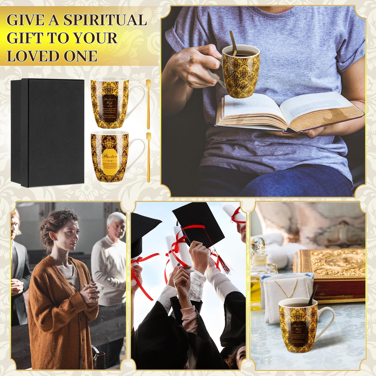 Shellwei 2 Sets Pastor Appreciation Gifts Pastor and Wife Stoneware Coffee Mugs with Gift Box Golden Coffee Spoons Pastor Gifts for Men Women Pastor and Wife Appreciation Gifts for Xmas Christian