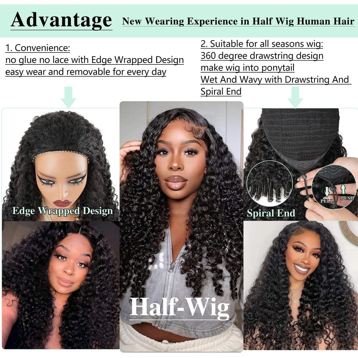 Burmese Curly Half Wigs Human Hair with Drawstring And Spiral End,200% Density Wear And Go Glueless Wigs Curly 3 In 1 Half Wig f