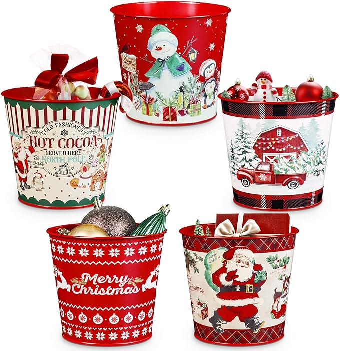 Putuo Decor Christmas Galvanized Bucket, 5 Pieces Christmas Ice Buckets for Parties, Christmas Theme Decorations Pails Gal...