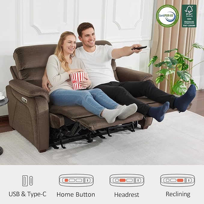 MCombo 61.6'' Wall Hugger Power Loveseat Recliner, Reclining Loveseat with Adjustable Headrest, USB Charge Ports, Wood Legs for Living Room, RVs, Small Spaces, Fabric ST258M1 (Loveseat, Coffee)