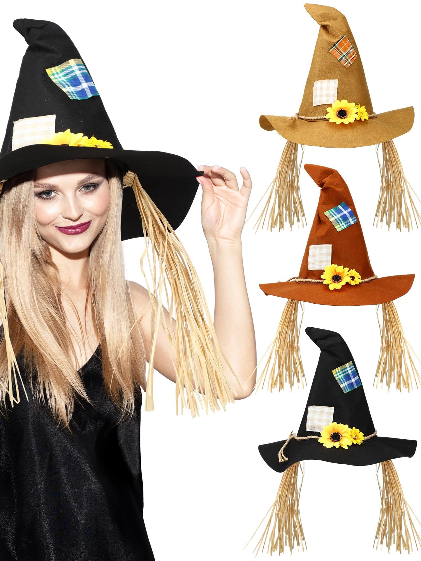 Ramede 3 Pcs Halloween Scarecrow Hat Felt Scarecrow Costume Accessory Straw Witch Sunflower Wizard Hat Halloween Raggedy Hat for Cosplay Party Accessory Adult Men Women, Multicolor