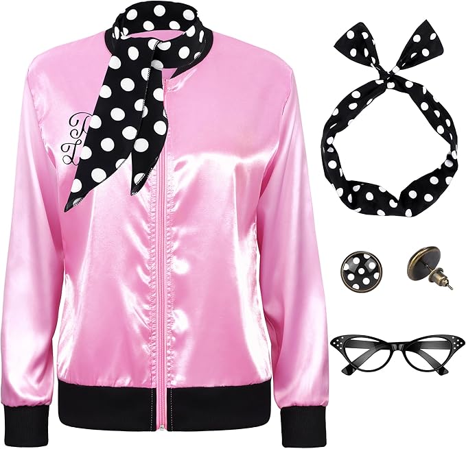 SOMSOC 5 Pieces 1950s Women Pink Satin Jacket with Polka Dot Scarf Headband Earrings Eye Glasses Halloween Party Costume Set