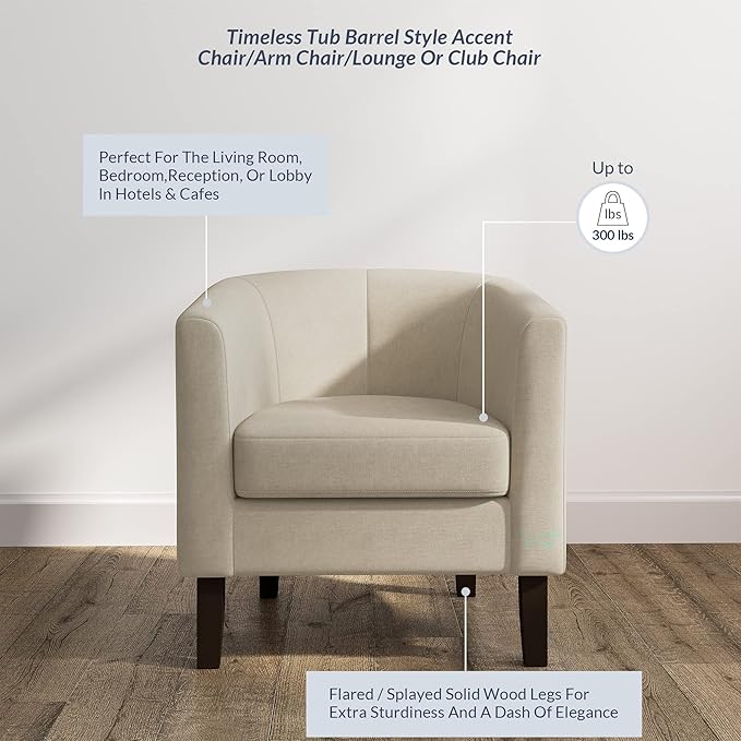 BELLEZE Accent Barrel Chair, Set of 2 Linen Round Club Tub Sofa Corner Chair with Flared Legs and Cozy Soft Padding for Living Room Bedroom Waiting Room - Beige