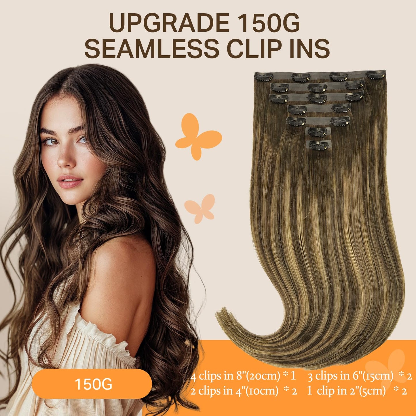 DOORES Invisible Edge Clip in Hair Extensions - Chocolate Brown to Caramel Blonde, 150g 7pcs 22 Inch Virgin Straight Human Hair