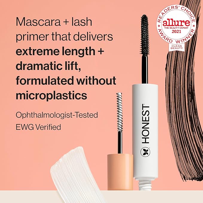 Honest Beauty 2-in-1 Extreme Length Clean Mascara Lash Primer Lengthening Volumizing Cruelty Free Safe for Sensitive Eyes Black .27 fl oz