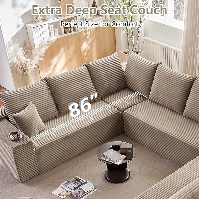 Sectional Cloud Couch for Living Room, Modular Floor Deep-Seat Sofa, Big Comfy Corduroy Couches Set with Fluffy Memory Foam, Stupendous U Shaped Sofas with 12 Pillows, No Assembly Required, Camel