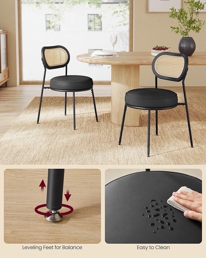 VASAGLE Dining Chairs, Set of 4 Accent Chair for Dining Room Kitchen, with Boho PE Rattan Back, Synthetic Leather Upholstery, Ink Black ULDC160B24