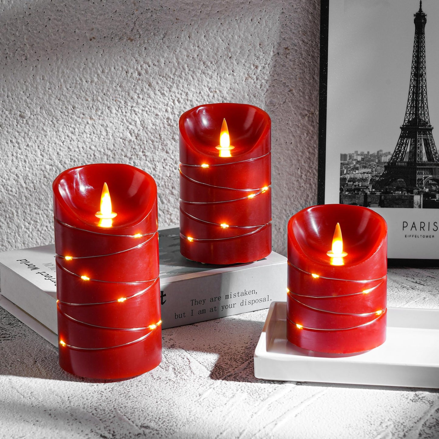 Red Rechargeable LED Flameless Candles 3-Piece Set (4/5/6 Inches) - Real Wax with String Lights, Remote Control & Timer, Safe Realistic Flames for Christmas/Halloween Holiday Home Decorations