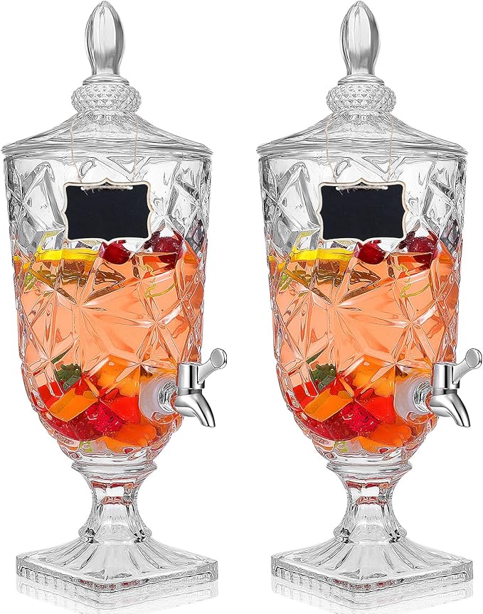 Zhehao 2 Pcs Drink Dispensers for Parties 1.3 Gallon Glass Beverage Dispenser Clear Vintage Crystal Iced Beverage Dispense...