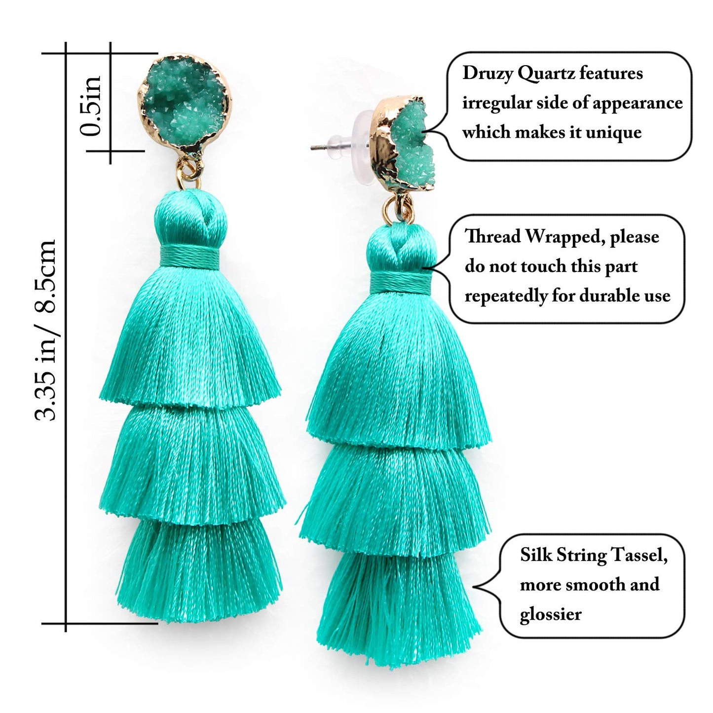 Me&Hz Fashion Layered Tassel Dangle Earrings Statement Lightweight Drop Earrings Hypoallergenic Studs for Women Turquoise Green