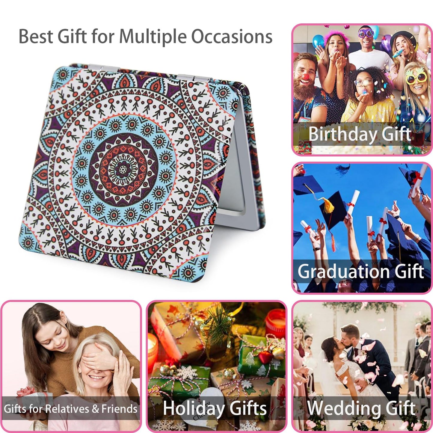 PDOZV Pocket Mirror for Women, Square 2.8    Metal Frame PU Ethnic Style Double Sided Mini Magnifying 1X/3X Mirror for Purse Com