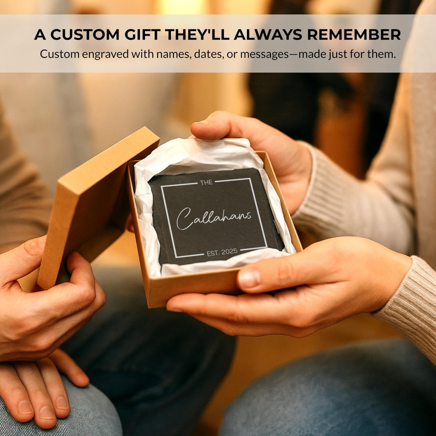 Custom Table Coasters for Drinks Set of 4 | Customized Name Engraved Square Slate Cup Coasters | Personalized Wedding Gifts for Couples 2025, Bridal Shower, Housewarming Gifts for Newlyweds