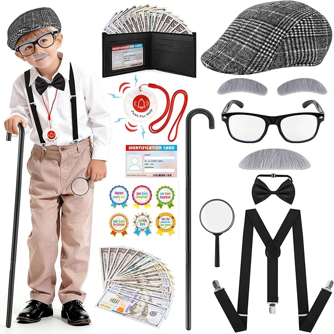 FUSPWEAO Kids 100 Days of School Costume for Boys - 1920s Old Man Grandpa Costume Set with Beret, Cane, Mustache & Wallet ...
