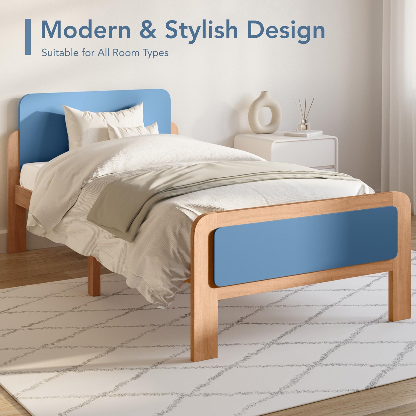 Twin Size Bed Frame, Solid Wood Platform Bed with Slats, Noise-Free and Non-Slip Design, Natural Wood with Blue Accent