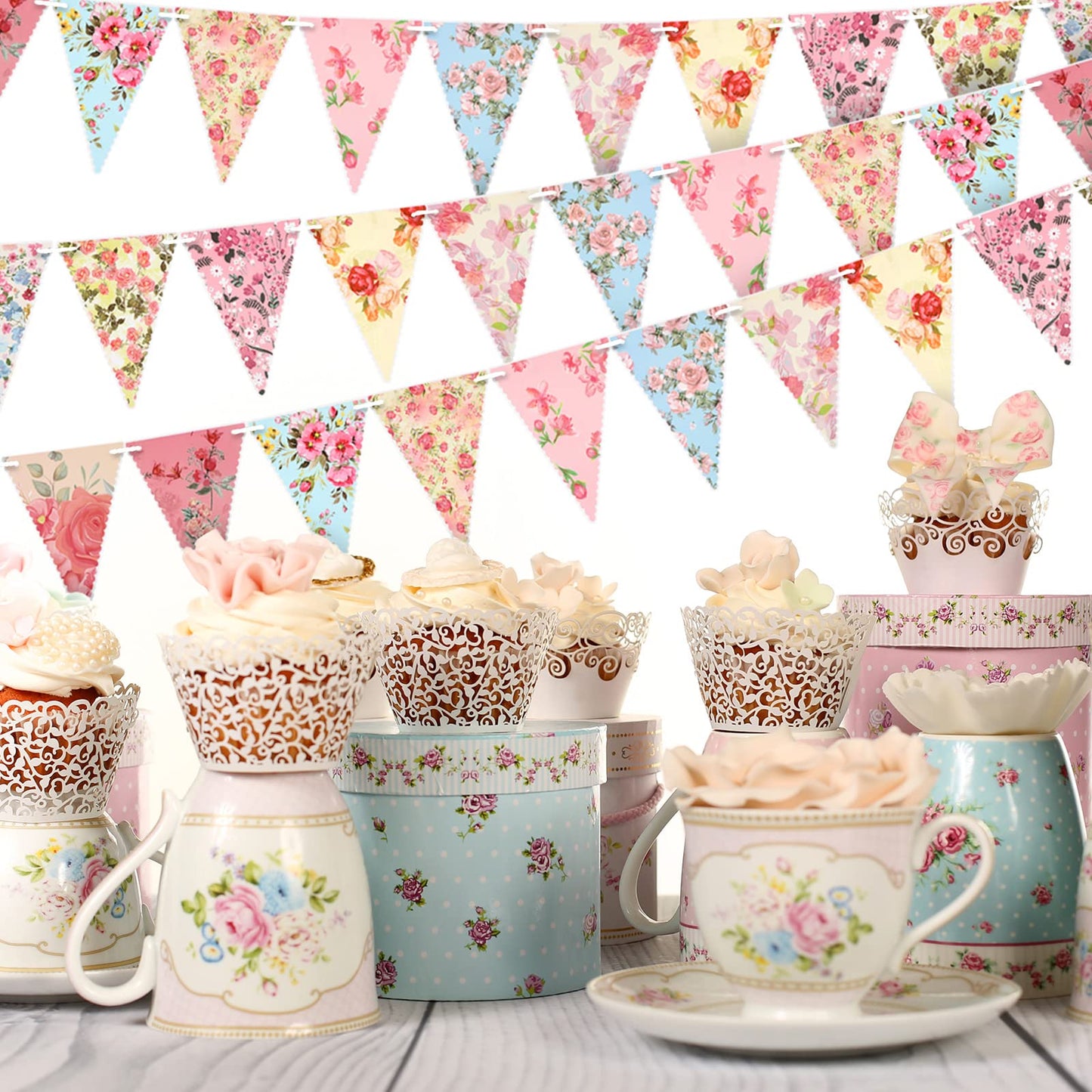 Funtery 5 Pcs Retro Bright Floral Paper Garland Chic Tea Party Decorations Wildflower Garland Floral Triangle Banner for Wedding Birthday Parties Festivals Home Outdoor Hanging Decorations