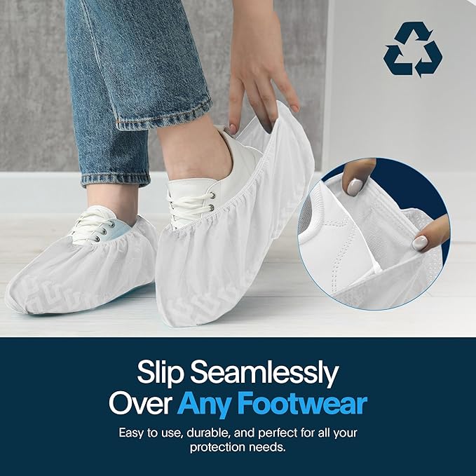 Premium Boot & Shoe Covers Disposable Booties - 100 Pack - Durable, Non-Slip, Non-Toxic, Water Resistant, Recyclable Protectors for Indoor & Outdoor - Large Size Fits Most Shoes