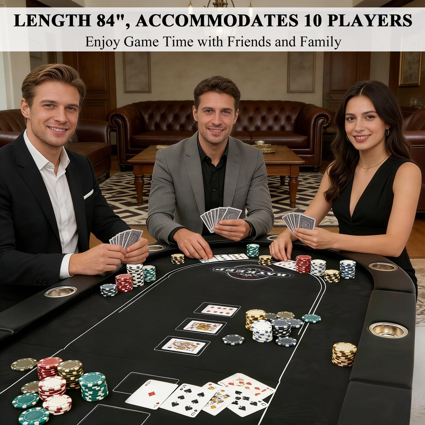 RAYKEEP 84" Poker Table for 10 Players, Foldable Texas Holdem Table with Padded Rails & 10 Cup Holders, Portable Casino Board Game Table for Game Room, Blackjack, Party (Black)