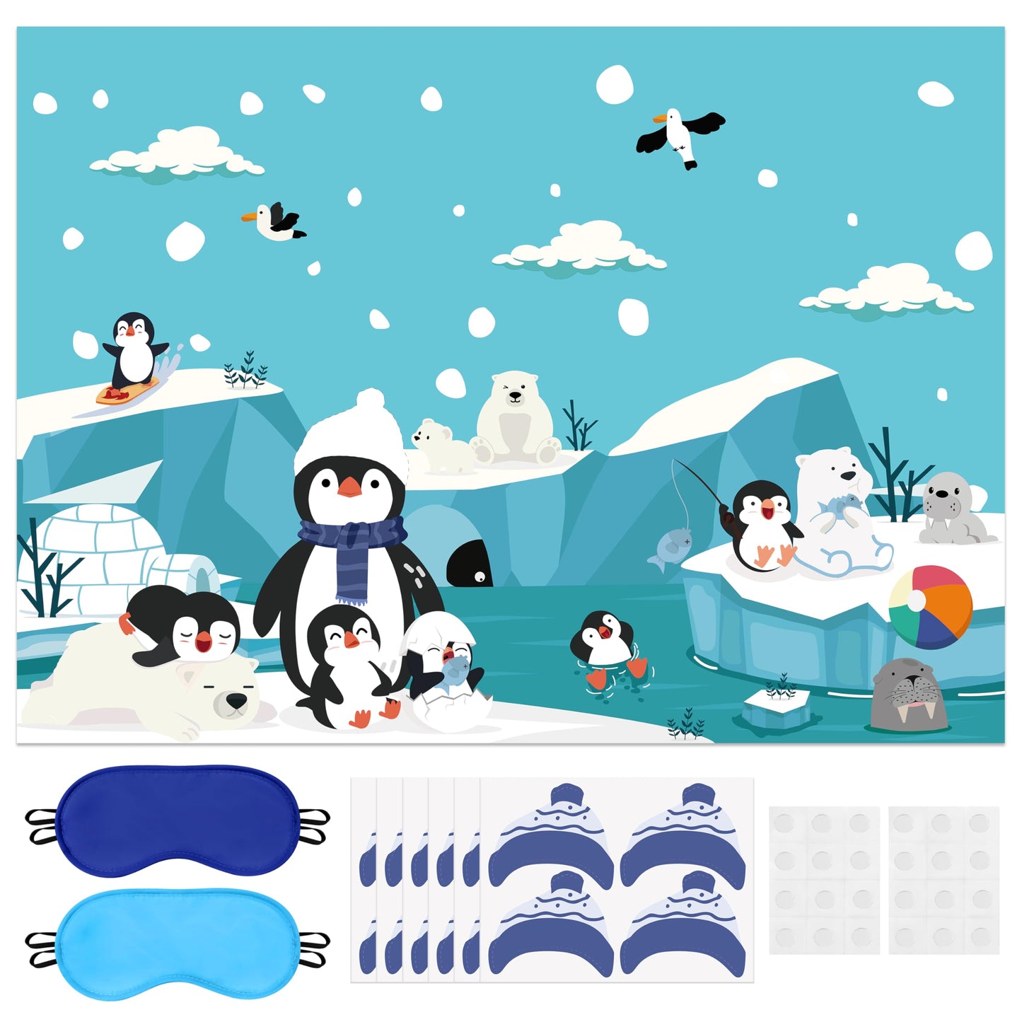 EmmgHen Pin the Hat On the Penguin Party Game Poster with Stickers Fun Winter Polar Arctic Animals Themed Activities Party Decorations Supplies for Christmas Holiday New Year Birthday Family Gathering