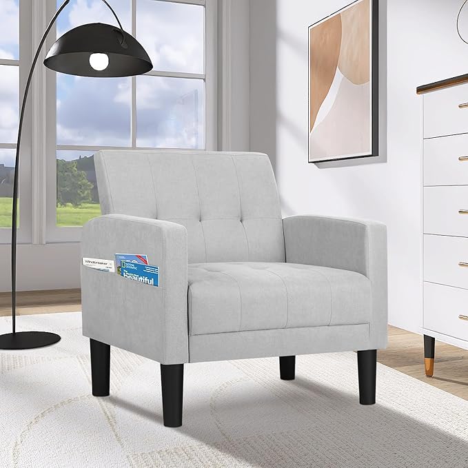 TYBOATLE Accent Chair Living Room Chairs Cozy Tufted Mid Century Modern Accent Chairs with Arms for Bedroom Comfy Reading Arm Chair Small Chairs for Small Spaces Living Room Office (1, Light Grey)
