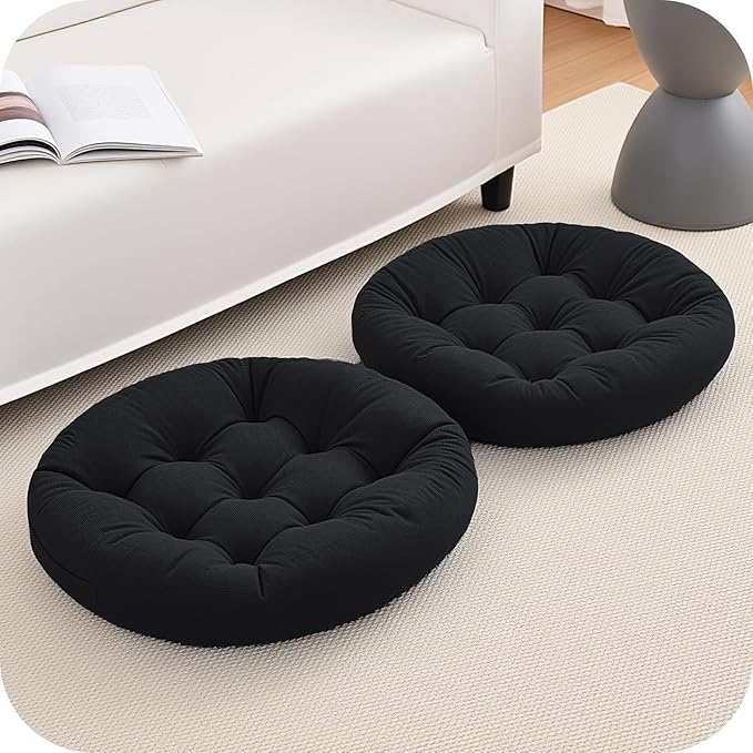 4Pcs Floor Pillows for Adults, 22x22x6 Inch Meditation Cushions, Large Round Sitting Cushion Living Room Memory Foam Pillow for Sitting (4, Black, 22x22x6 Inch)