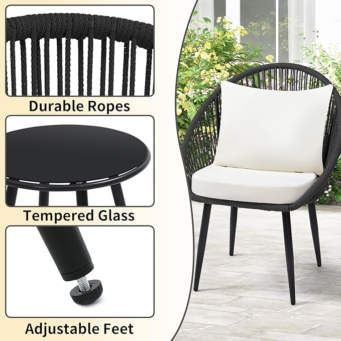 wildformers 3 Pieces Bistro Set, Woven Rope Chair with Cushions, All Weather Patio Conversation Set and Side Table, Ideal for Deck, Balcony, Poolside, Black