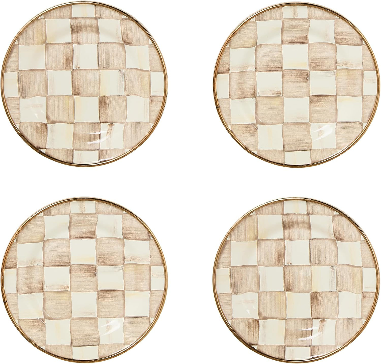 MACKENZIE-CHILDS Set of 4 Enamel Appetizer Plates, Decorative Dinnerware Plate, 5 Inches, Brown-and-White Mocha Check