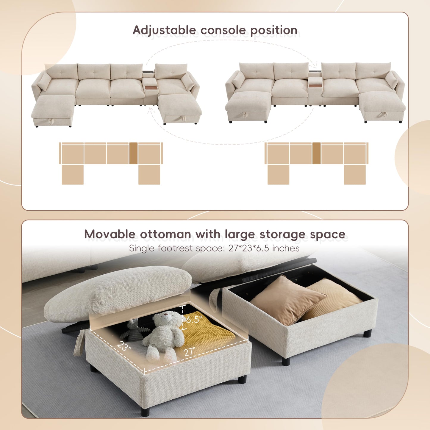 Merax 142'' Modular Sectional Sofa Set with Movable Storage Ottoman and Console, Cup Holder, Wide Seat, 6 Seat U Shaped Couch, Oversized Chenille Sofa with USB Charger for Living Room, Beige