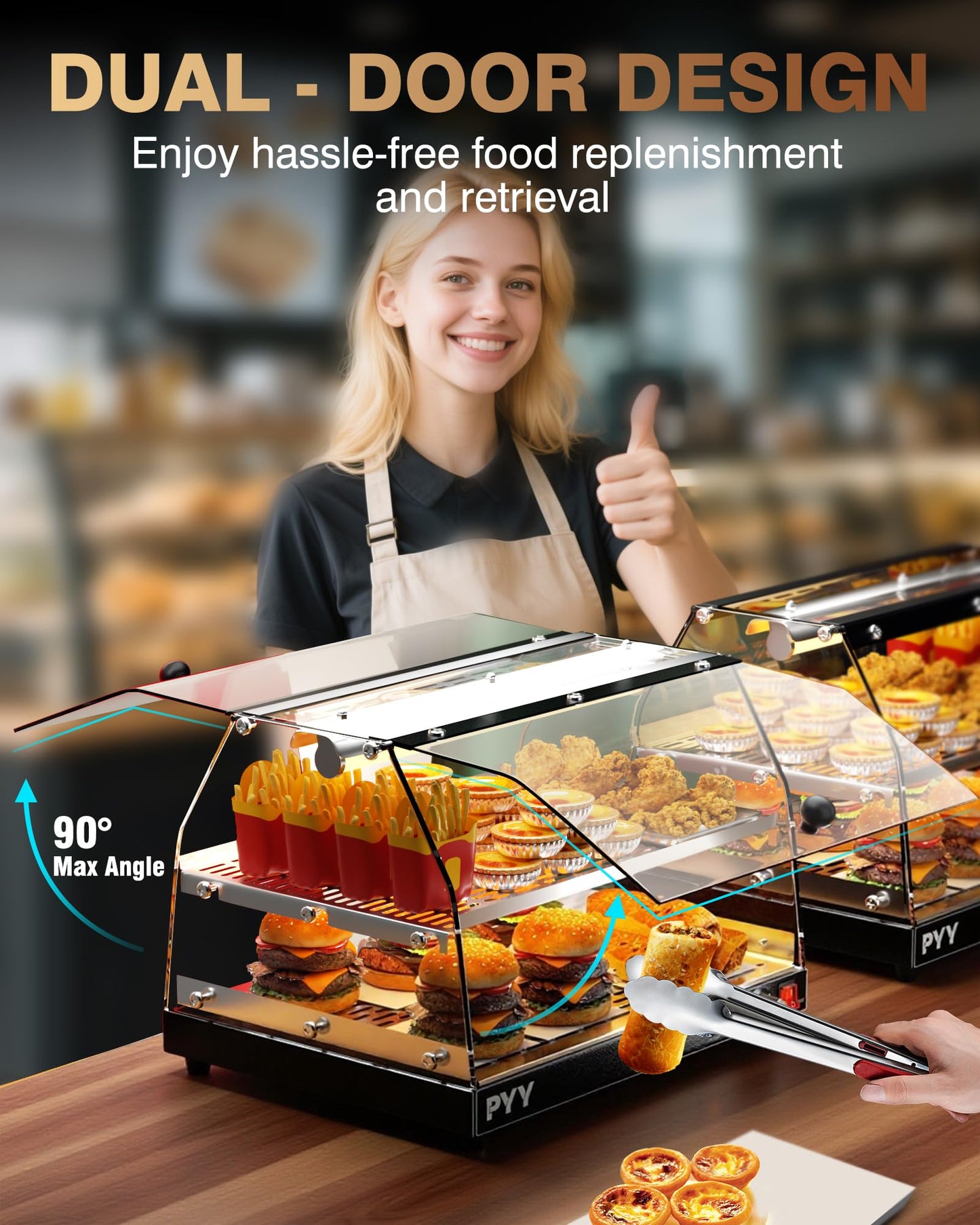 PYY Commercial Food Warmer Display, 2-Tier Electric Countertop Food Warmer with LED Lighting Adjustable Glass Door, Pastry Display Case for Restaurant Black