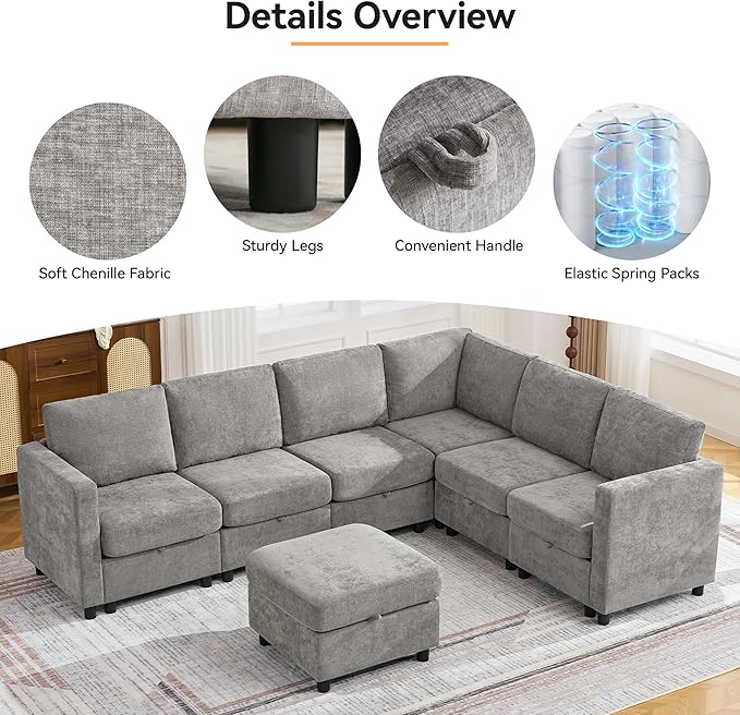 104'' V Shaped Modular Sofa, Sectional Couch with Storage for Living Room, Modern 7 Seater Cloud Sectional Couch with Movable Ottoman, Chenille Grey