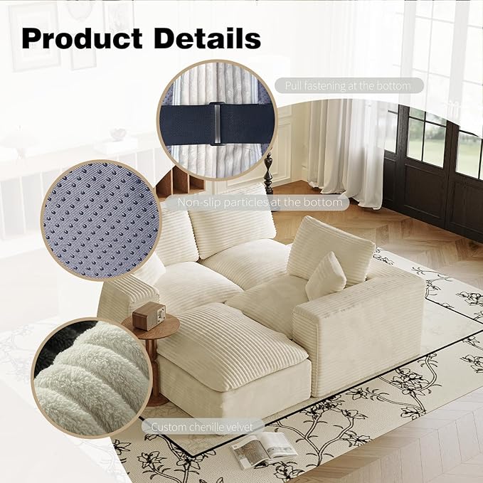 ZIGHTH 108" Plush Corduroy L Shaped Sectional Cloud Sofa Couch with Ottoman, Soft Deep Seat Modular Sectional Couches for Living Room,No Assembly. Beige
