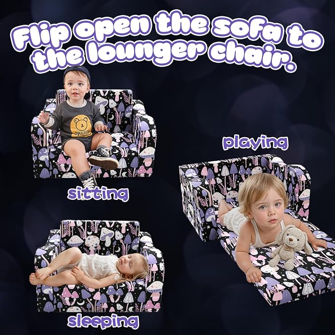 MeMoreCool Toddler Couch Chair – Foldable Kids Sofa for Ages 1–3, Fold-Out Bed with Side Pocket, Comfy & Washable Detachable Cover | Cute Patterns | Lightweight Lounger for Playroom, Naptime, Gifting