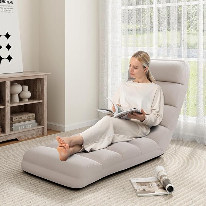KOMFOTT Foldable Floor Lazy Sofa with Pillow, Indoor Chaise Lounge with 5 Adjustable Positions, Adjustable Back Support & Footrest, Video Gaming Chair for Home, Office, Reading, Watching (Beige)