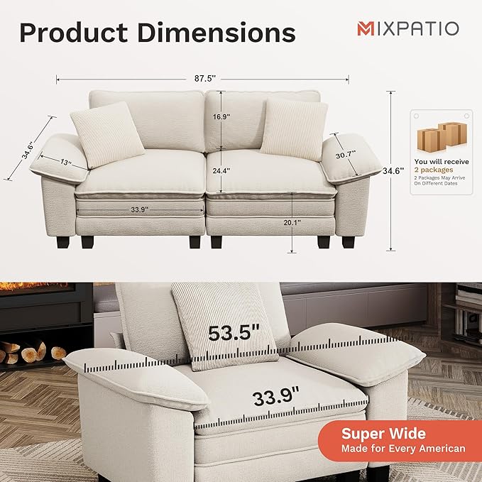 MIXPATIO 87" Cloud Modular Sectional Loveseat, 2-Seater w/Deep Seat & Removable Arms, Plush Corduroy for Small Living Room & Apartment - Beige
