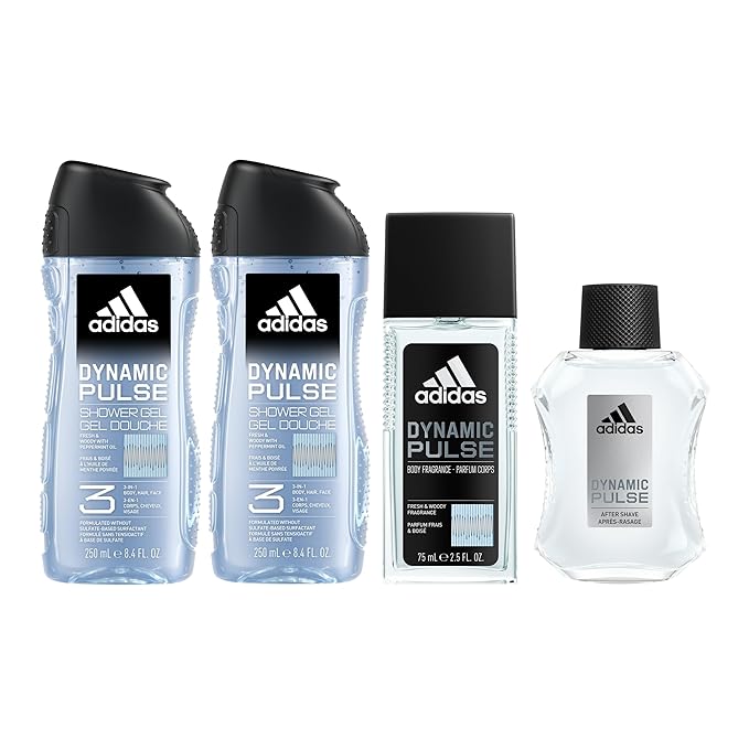 adidas Dynamic Pulse Aftershave Giftset - 1.6 fl oz EDT + 2.5 fl oz + 8.4 fl oz + 13.5 fl oz Shower Gel, Notes of Mint, Apple, and Wood, Men's Fragrance, Long Lasting, Sporty