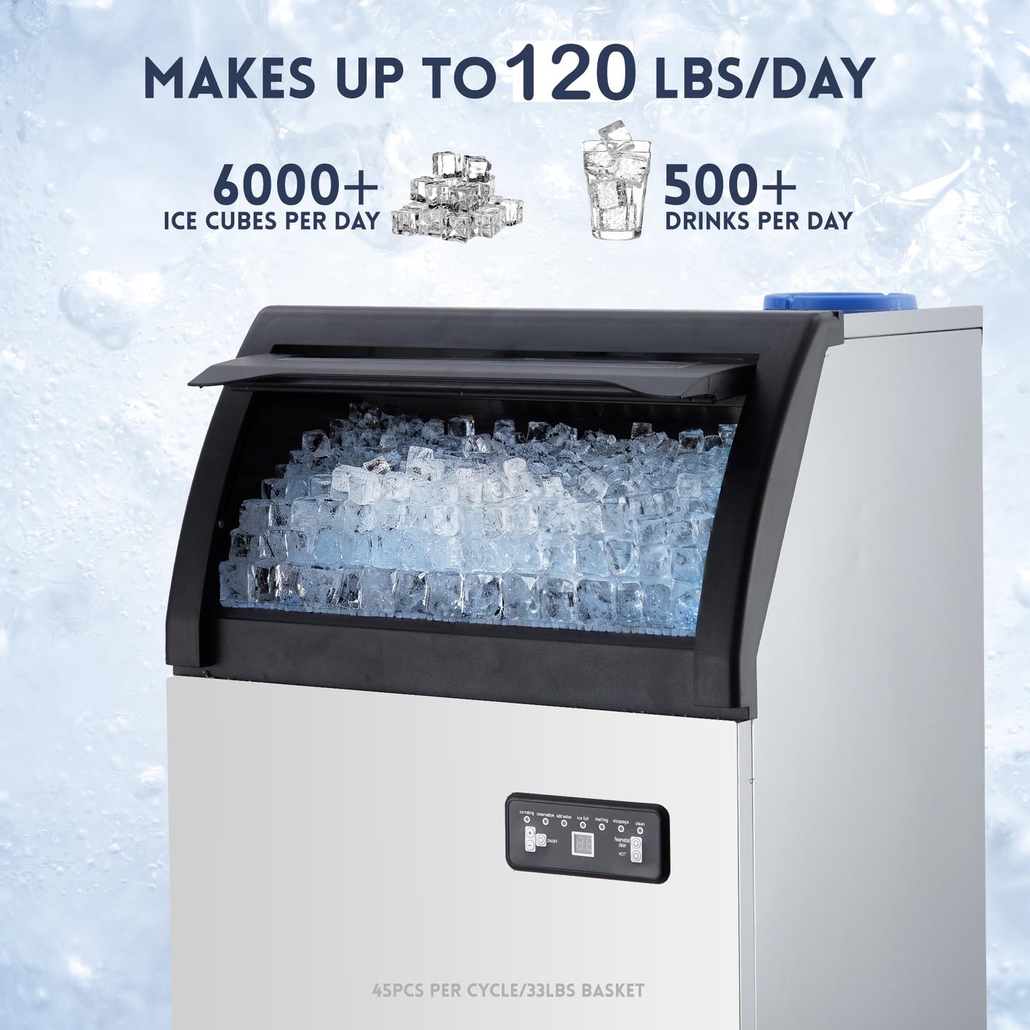 Commercial Ice Maker Machine, 120LBS/24H Undercounter Stainless Steel Ice Maker with Dual Inlet, 33LB Storage Capacity, Standalone Ice Maker for Bar, Restaurant, Home Kitchen