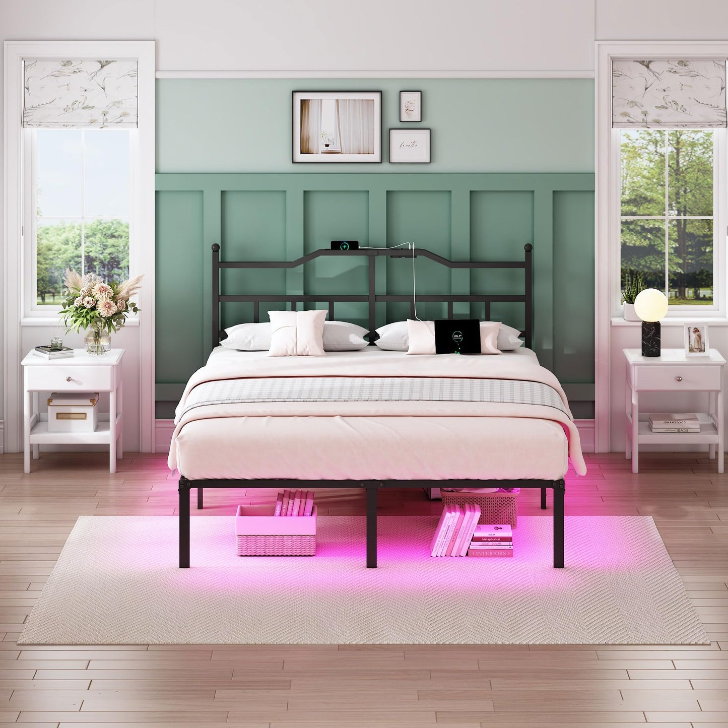 YORMDMO Full Bed Frame with LED Lights, 14 inch Metal Bedframe with Headboard, Outlets & USB, Heavy Duty Basic Steel Slats Platform, Noise Free, No Box Spring Needed