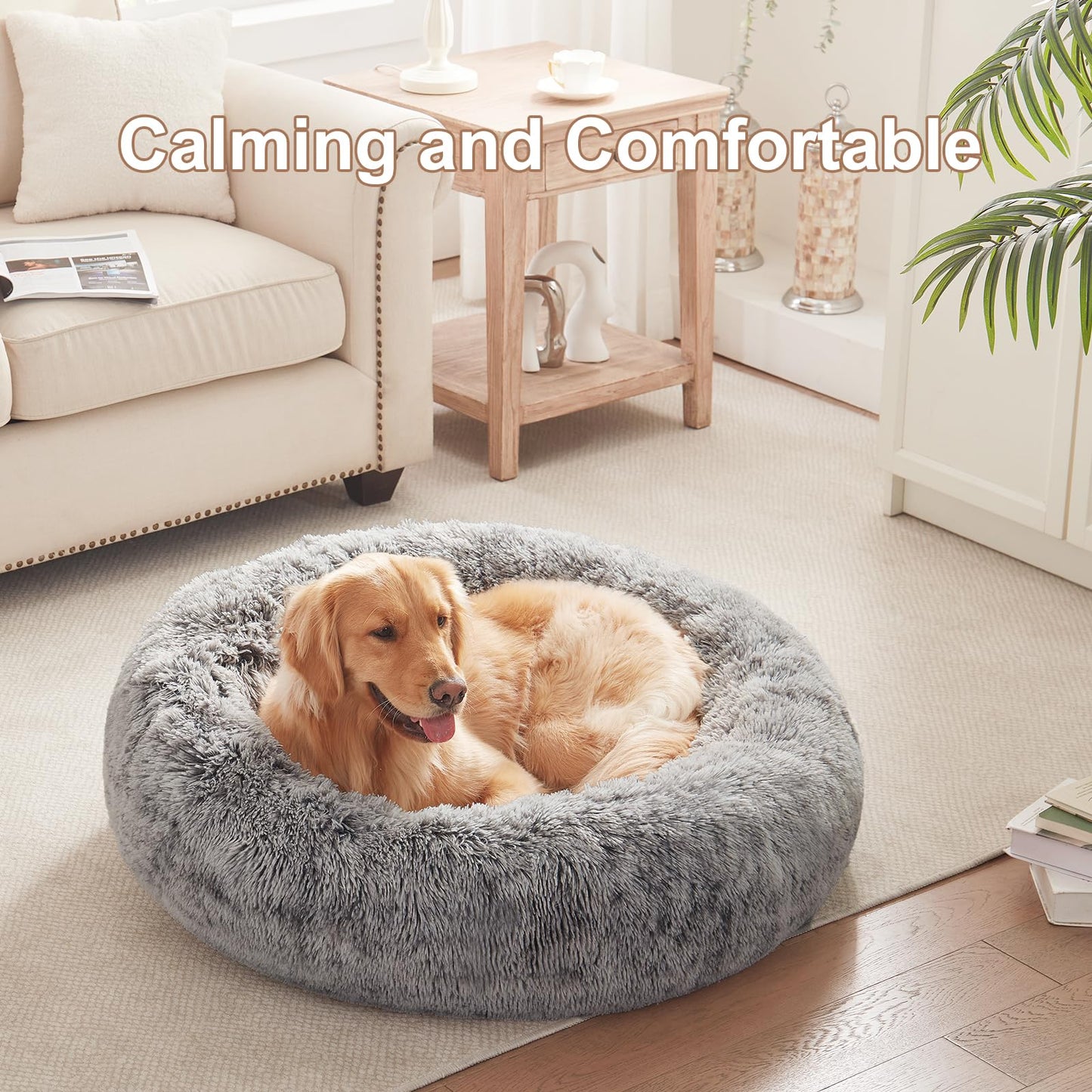 BedStill 36 inches Donut Dog Bed for Large Dogs - Calming Fluffy Round Pet Bed with Removable & Washable Cover,Fits up to 100 lbs Pets (Dark Grey,Large)