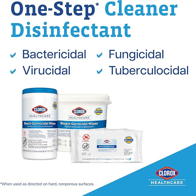 Clorox Healthcare Bleach Germicidal Wipes, 6" x 5", 150 Count Canister (Package May Vary)