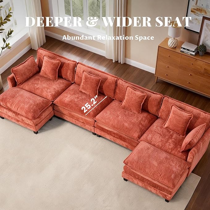 SoarFlash 149.61" Chenille Sectional Sofa, Comfy U Shaped Modular Coush Sofa with Ottoman, Modern 4 Seat Couch Deep Seat Sofa Set for Living Room,Orange