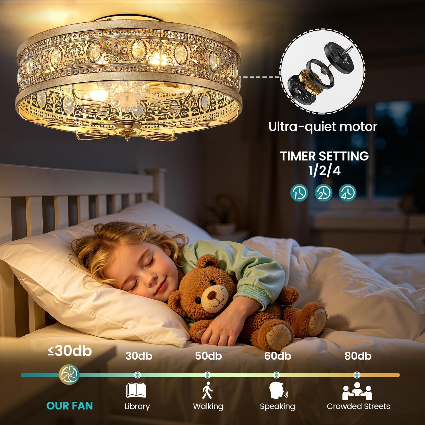 KAISITE Caged Ceiling Fan with Lights 19" Gold Vintage Rustic Crystal Fandelier Farmhouse Ceiling Fan with Remote Low Profile Bladeless Chandelier Fan Light Fixture for Bedroom Kitchen Living Room