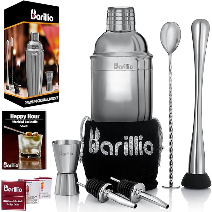 Barillio Mixology Bartender Kit - 8 pcs Stainless Steel Travel Cocktail Shaker Set with Bag - Bar Tools Set with Martini S...
