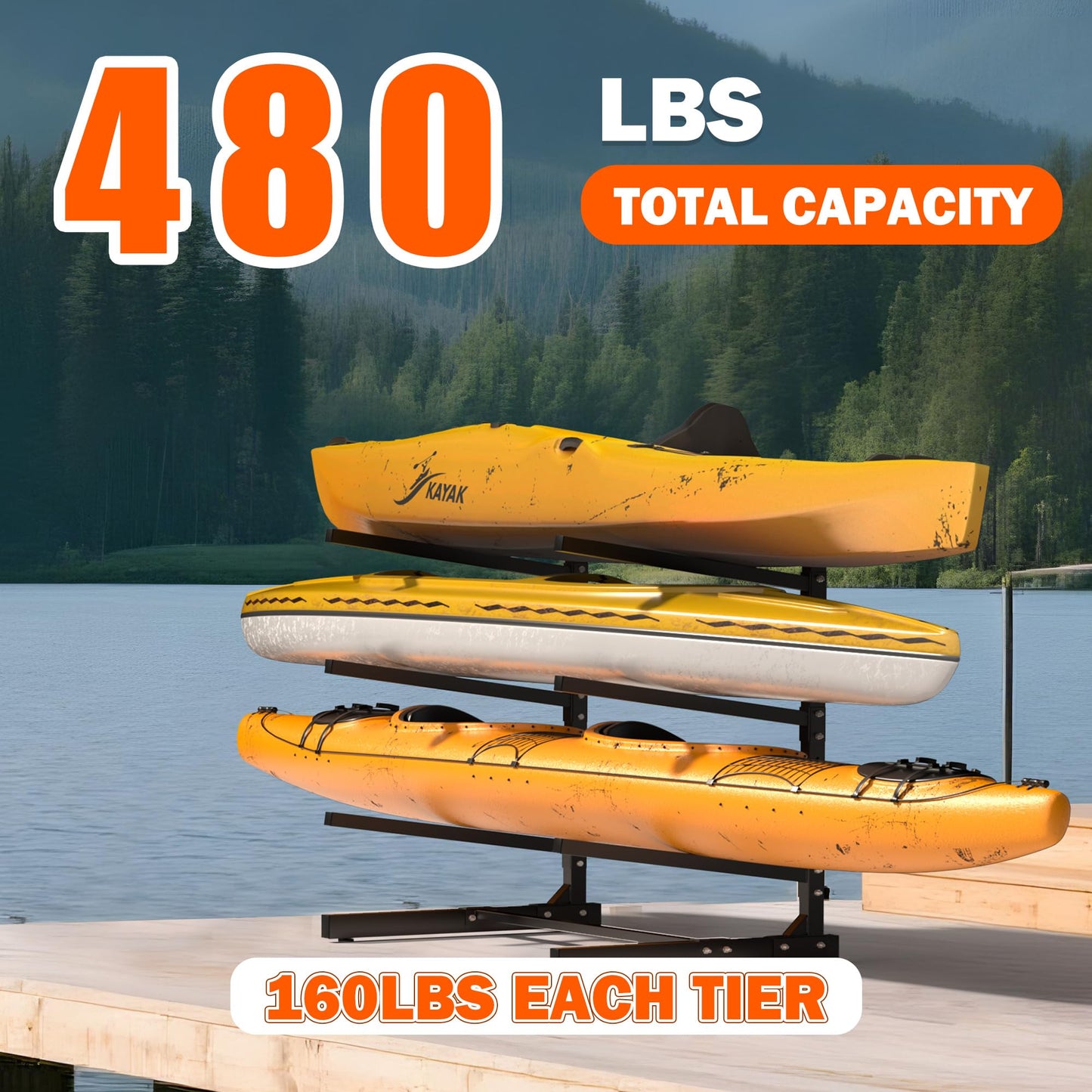 Ultrawall Kayak Storage Rack, Freestanding Kayak Rack for Garage, Adjustable Kayak Stand, Paddle Board Rack for Kayak, Canoe, Surfboard, 480lbs Capacity, Indoor & Outdoor Use, 3 Levels
