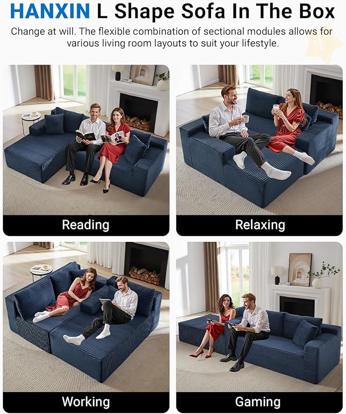 105 Inch Cloud Sectional Couch,Modern Modular Sectional Sofa with Deep Seat,Corduroy Boneless Couches with L-Shape Chaise for Living Room Bedroom,No Assembly Required (Blue, Left Facing Chaise)