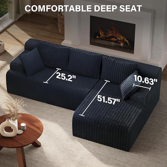 LAUSAINT HOME 96" Modular Sectional Sofa Couches, L-Shaped Boneless Cloud Sofa with 3 Deep Seat, 5 Cushiones Oversized Chaise for Living Room, Bedroom, Plush Corduroy Fabric (Right, Navy Blue)